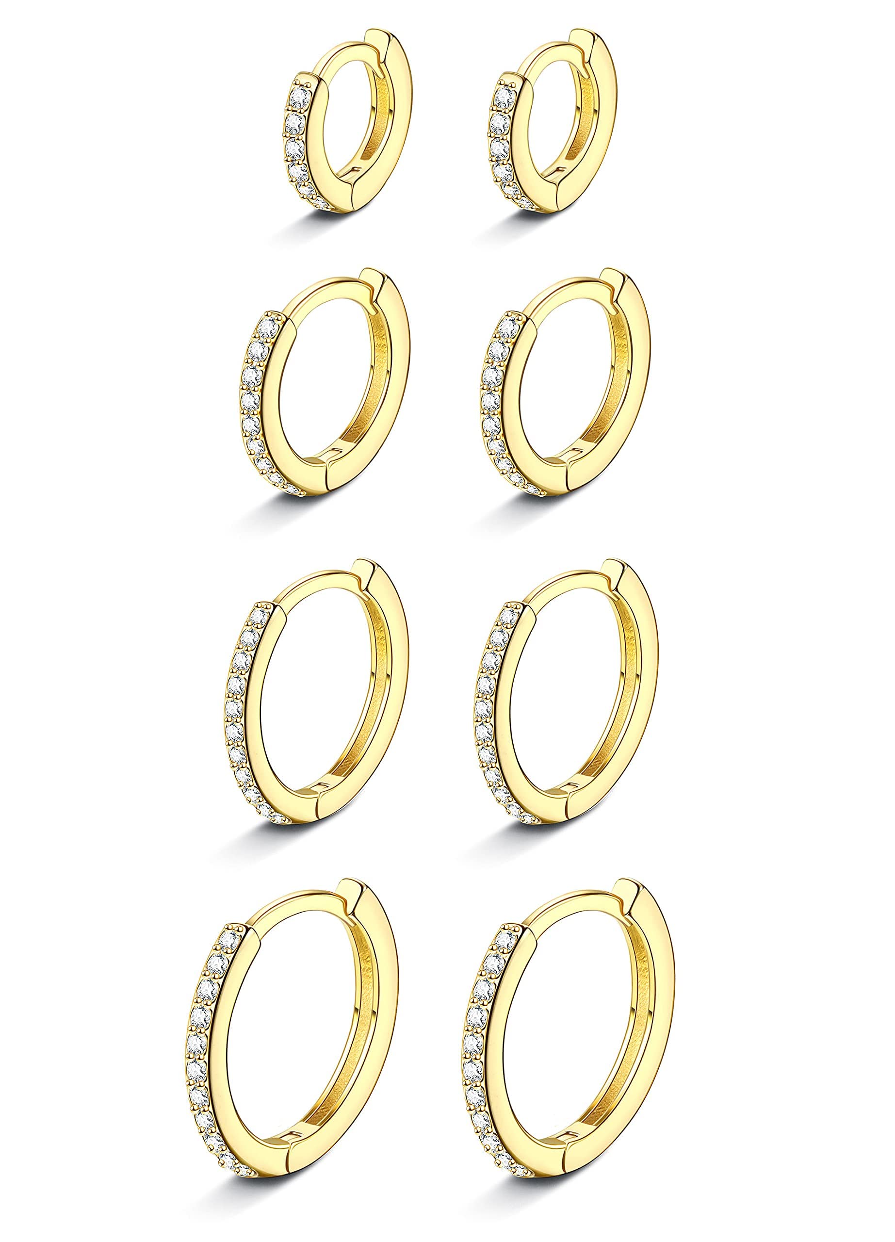 LOLIAS 4Pairs 14K Pendientes de Aro Pequeño para Mujeres Hombres CZ Mini Pendientes Aro Hipoalergénico Circonita Cúbica Cartílago Mini Pendientes Oreja Piercing 6mm 8mm 10mm 12mm