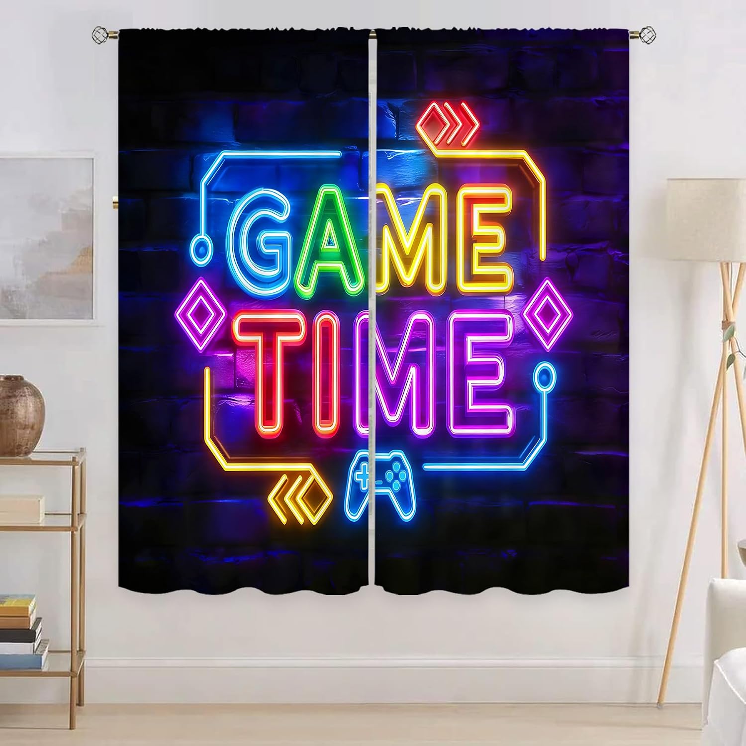 Teen Boy Video Game Curtains 42W x 63L Inch Cool Neon Gaming Gamer Modern Brick Rod Pocket Living Dining Room Bedroom Window Treatment Drapes Decor 2 Panels