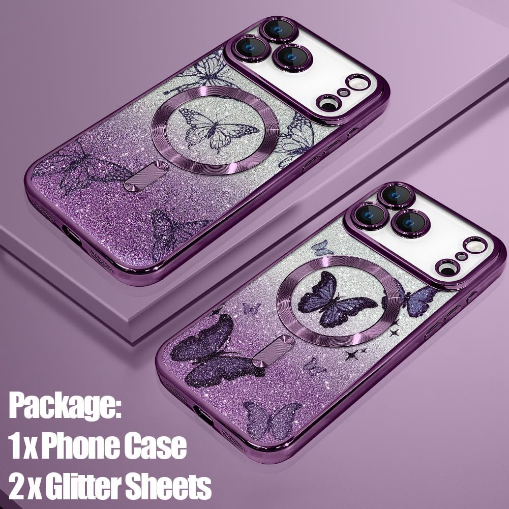 Case Fit for iPhone 17 Pro 6.3 Inch [Compatible with MagSafe] Glitter Bling Magnetic Phone Case [2 Pieces of Butterfly Design Insert] Soft TPU Shockproof Phone Cover for Women - Purple