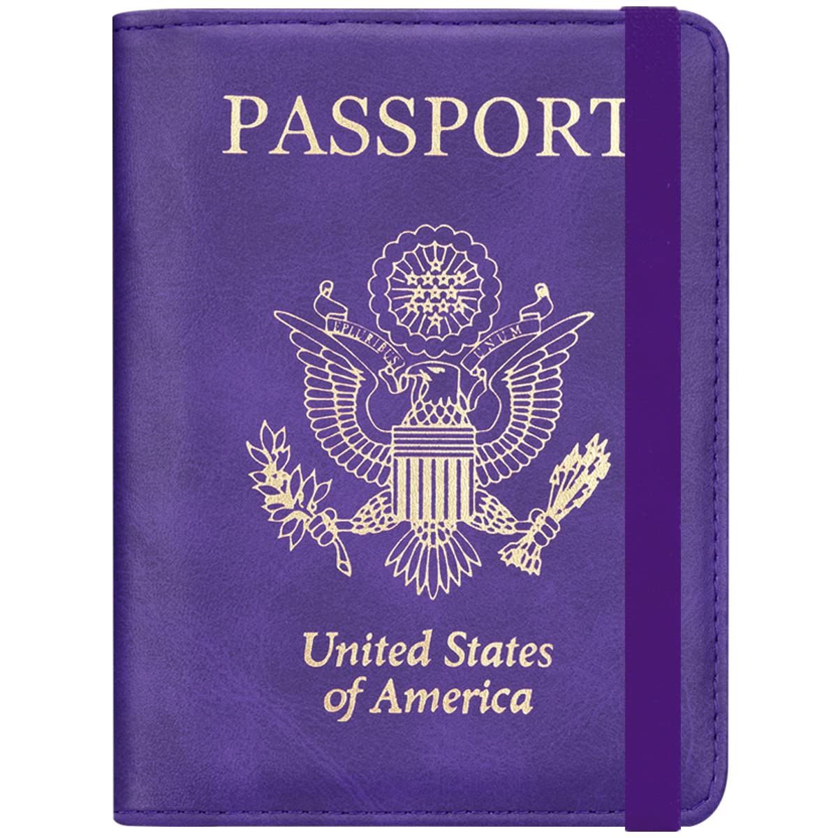 Passport and Vaccine Card Holder Combo - HOTCOOL Leather RFID Blocking Wallet with Elastic Strap Travel Cover Case for Passport, with USA CDC Vaccination Card Slot, with Pen, Gold Lavender Purple