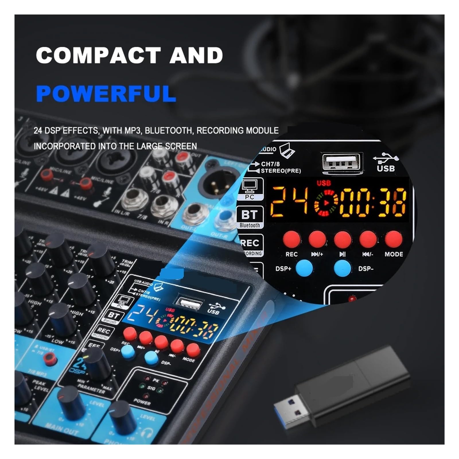 Mixer Audio Mini Mixer A 8 Canali, DC 5 V, Bluetooth, 48 V, 24 Effetti For Piccoli Club O Bar, Registrazione In Studio(Black)