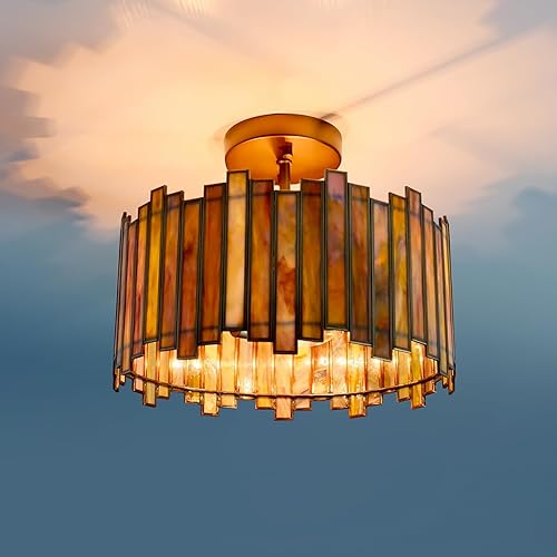 Miniatura 2 de Lámpara de techo de latón antiguo en forma de tambor, lámpara Tiffany semiempotrada de 12.5 pulgadas con vidrio verde Mable, iluminación colgante de