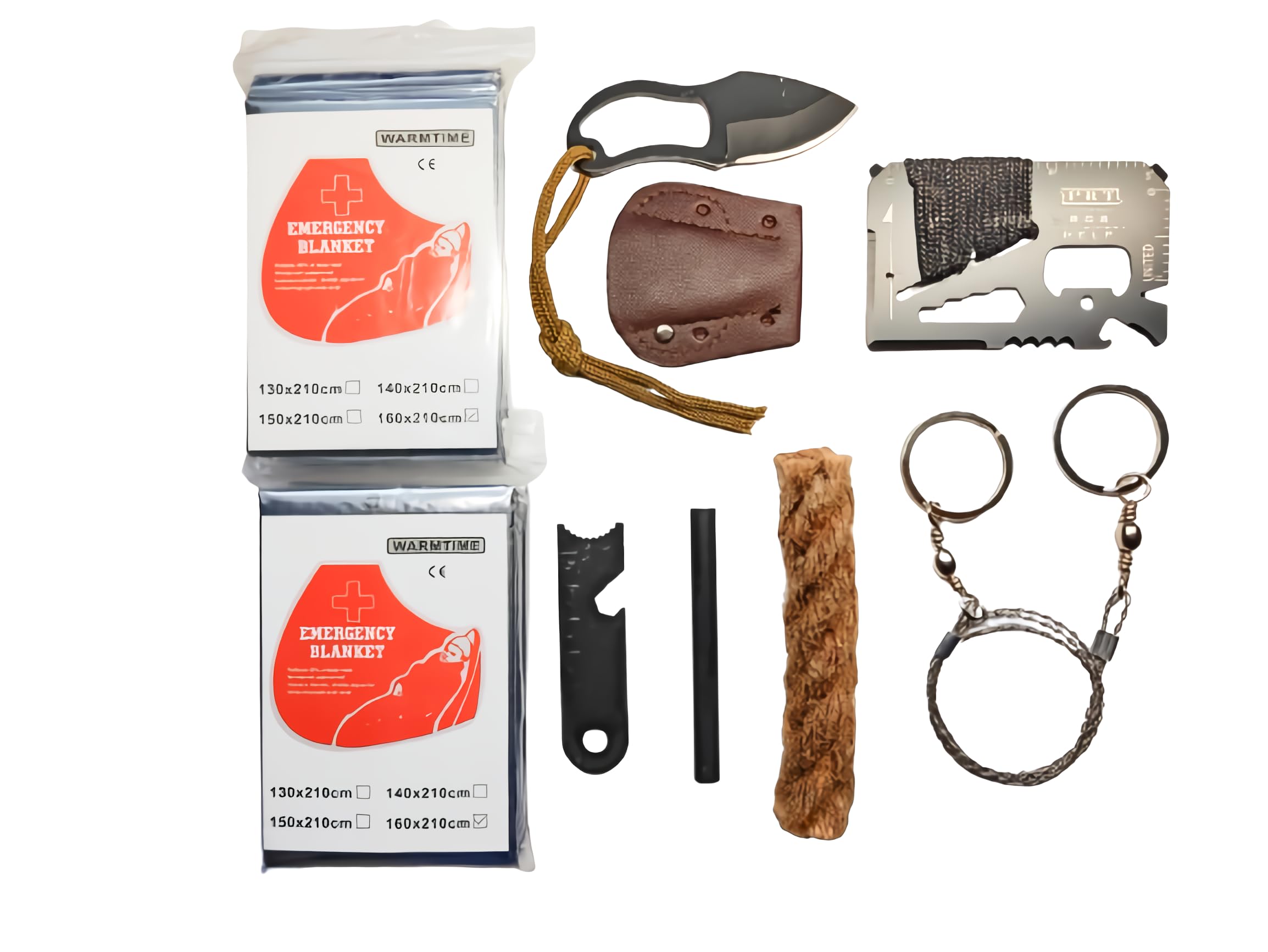 Emergency Survival Kit – 9-in-1 Fire Starter Set with Ferro Rod, Wax Rope, Wire Saw, Multi Tool Card, Knife & 2 Thermal Blankets – for Camping, Hiking, Car, Bug Out Bag