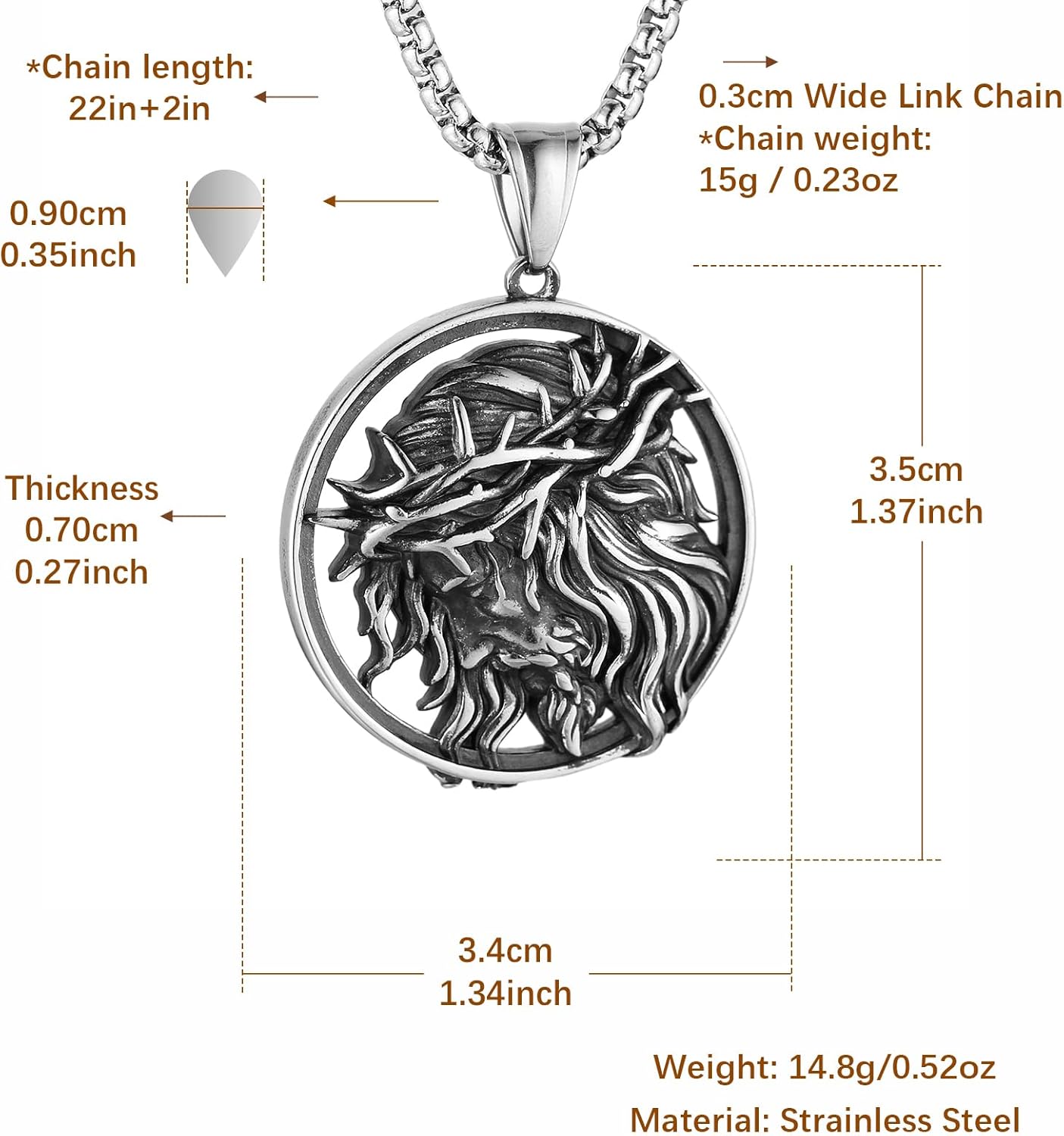 HZMAN Mens Stainless Steel Crown of Thorns Head of Jesus Christ Pendant Necklace Round Medal Prayer Pendant with 24 Inch Chain - Image 5