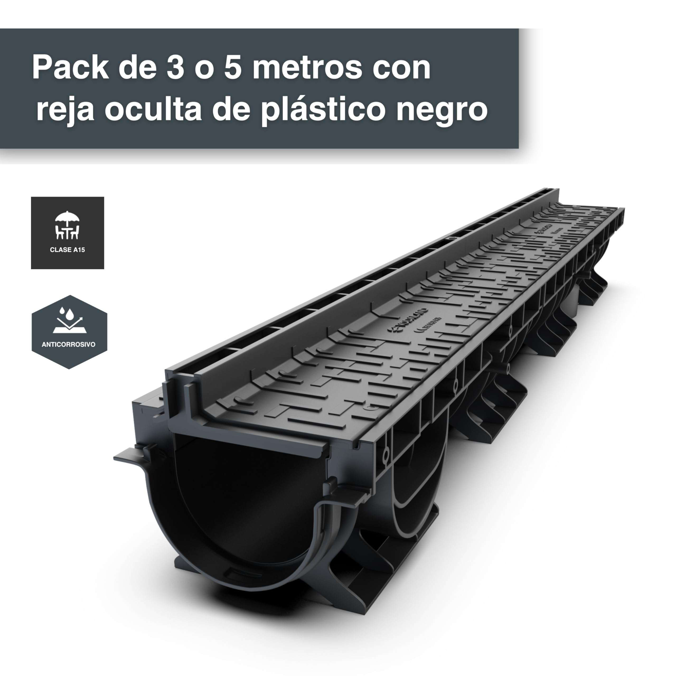 VODALAND - Canal de Drenaje con Rejilla Oculta Ranurada de plastico Color Negro - Pack de 3 Metros para terraza y Piscina, Aguas Pluviales y Desagüe | Solución Elegante y Funcional para Exteriores
