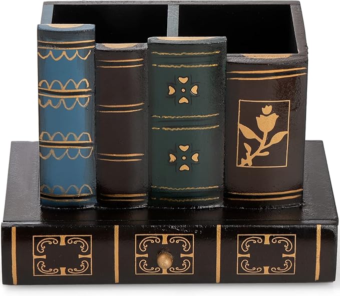 Tosnail Decorative Pen Holder with Storage Drawer, Wooden Pencil Holder and Organizer, Antique Library Books Design Pen Cup Caddy for Office Supplies, Countertop, Desk, Table