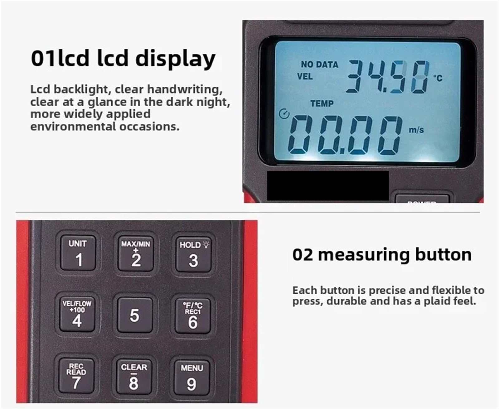 Wiatromierz, Anemometr z przełącznikiem, podświetleniem LCD, transferem danych przez USB, jednostką prędkości wiatru