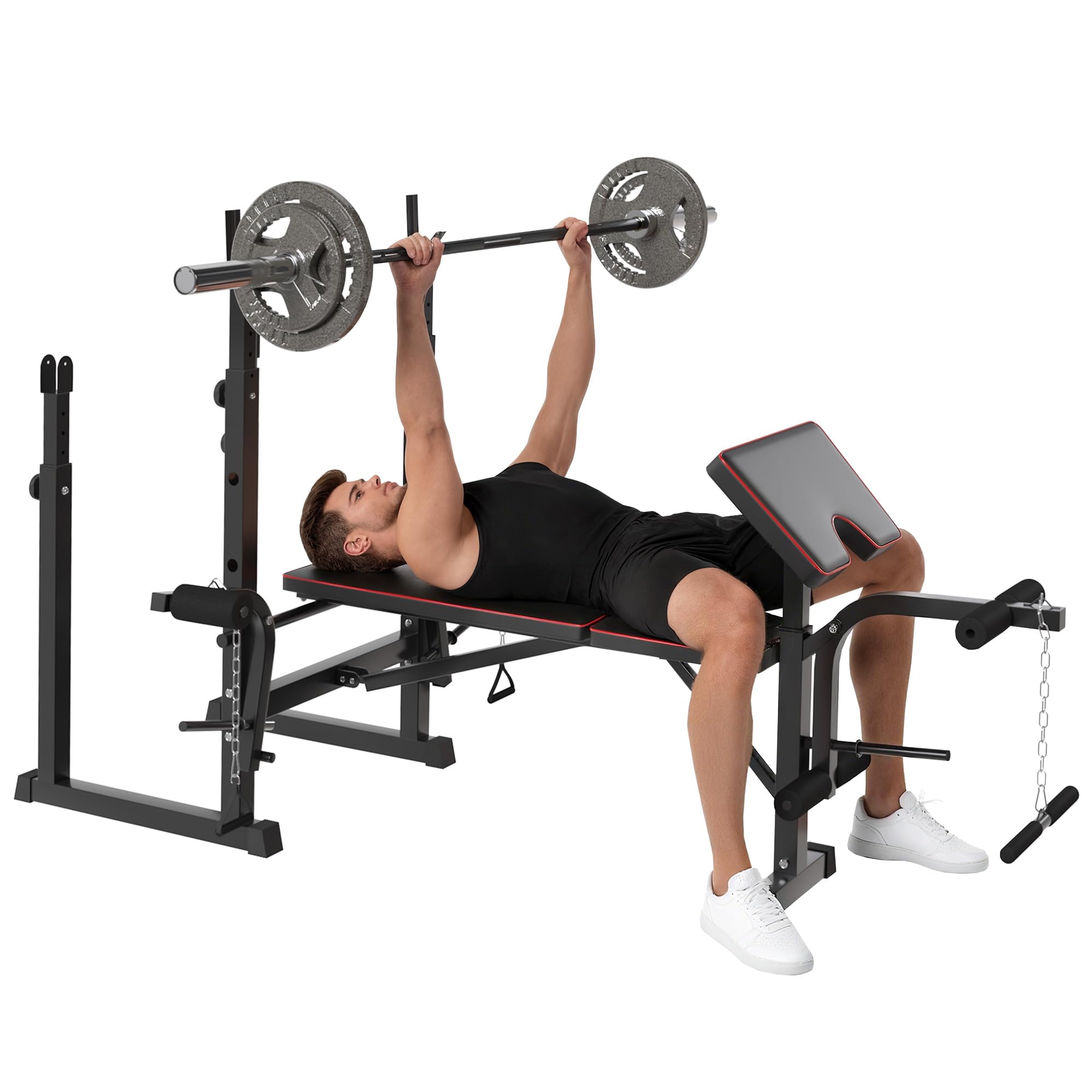 SPORTNOW Banco de Musculación Multifuncional Respaldo Ajustable Negro | Banco de Pesas Multifuncional, Press Banca, Soportes para Barra Regulables, Entrenamiento de Cuerpo, Casa, Gimnasio