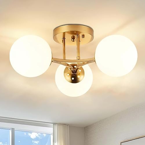 Lámpara de techo de 3 luces de globo de mediados de siglo, moderna lámpara de techo semiempotrada, candelabros Sputnik con pantalla de vidrio de