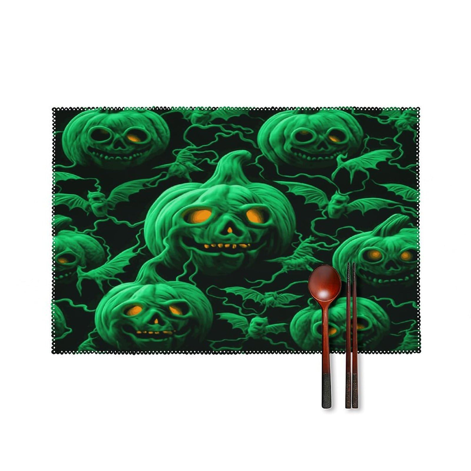 Green Ghost Horror Halloween Pumpkin Placemats Set of 4 Heat Resistant Non-Slip Place Mats for Dining Table Washable Placemat Wipeable Dining Table Mat Canvas Place Mats Dining Table Decor
