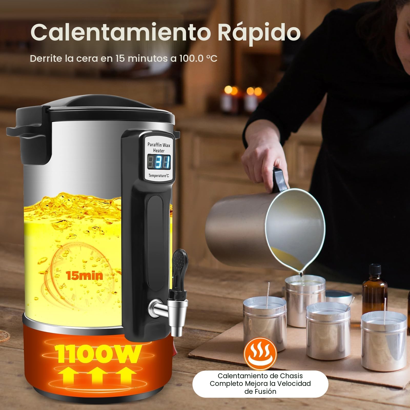 DAOHHFO Fusor de Cera para Velas 8L, Kit de Fabricación de velas con Boquilla Vertedora, cuchara mezcladora y Control de Temperatura, acero inoxidable, fácil de limpiar para velas, jabón
