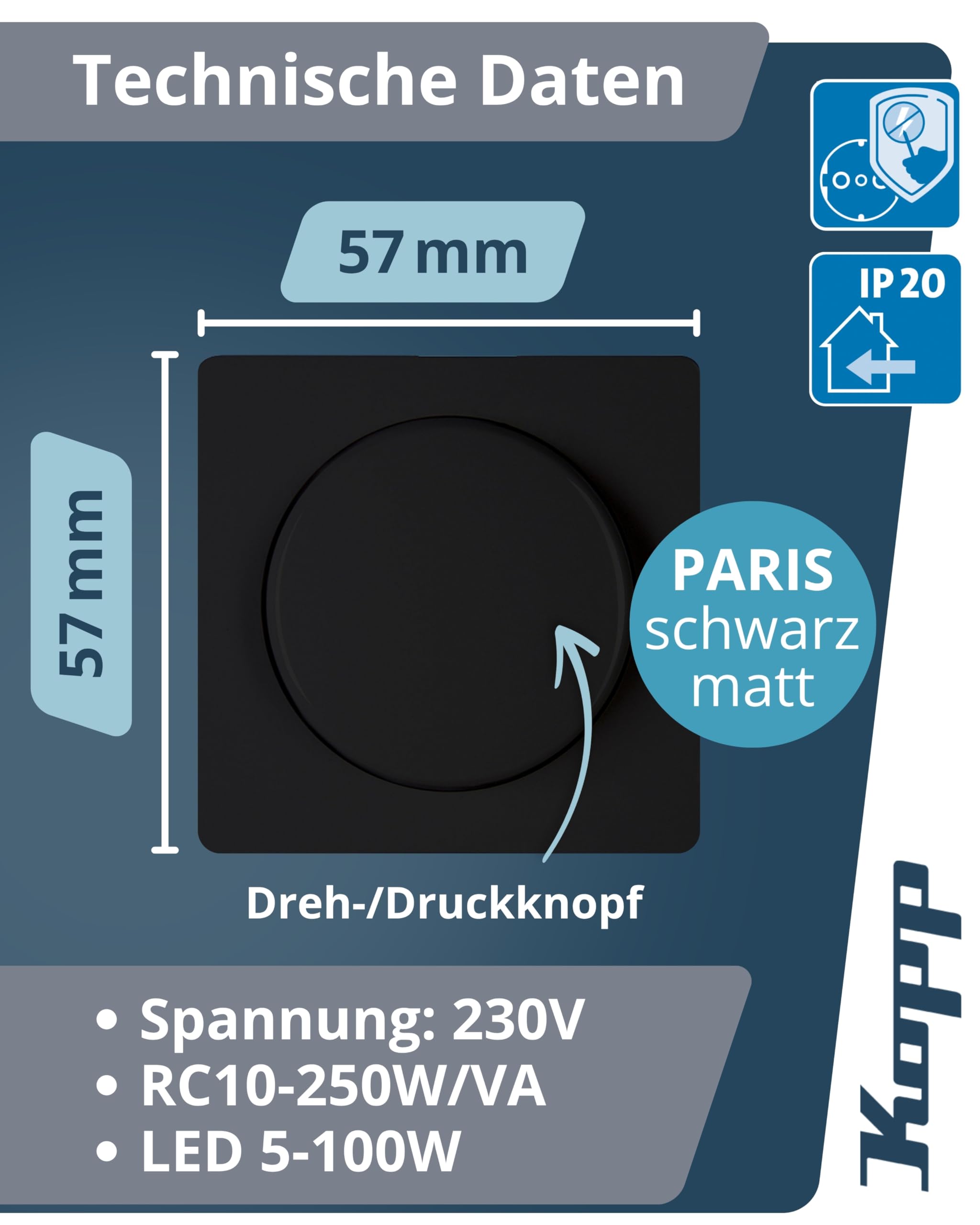 Kopp PARIS Universal-Dimmer-Schalter mit Drehknopf - Matt-Schwarz - Für 10-250W Glühlampen & 3-100W LED - Dimmbarer Lichtschalter mit Phasenan- & abschnitt - Druck-Wechselschalter mit Wellenadapter