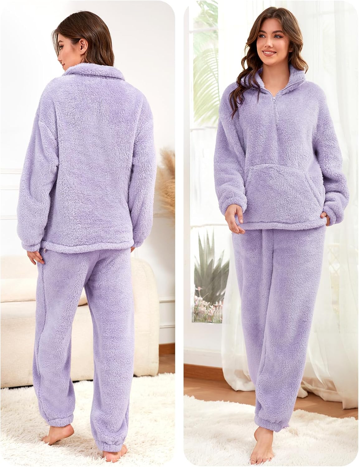 Yimoon Womens Fluffy Pajamas Set Warm Fleece Pjs Half Zip Pullover Pants 2 Piece Sleepwear Winter Fuzzy Loungewear - Image 2
