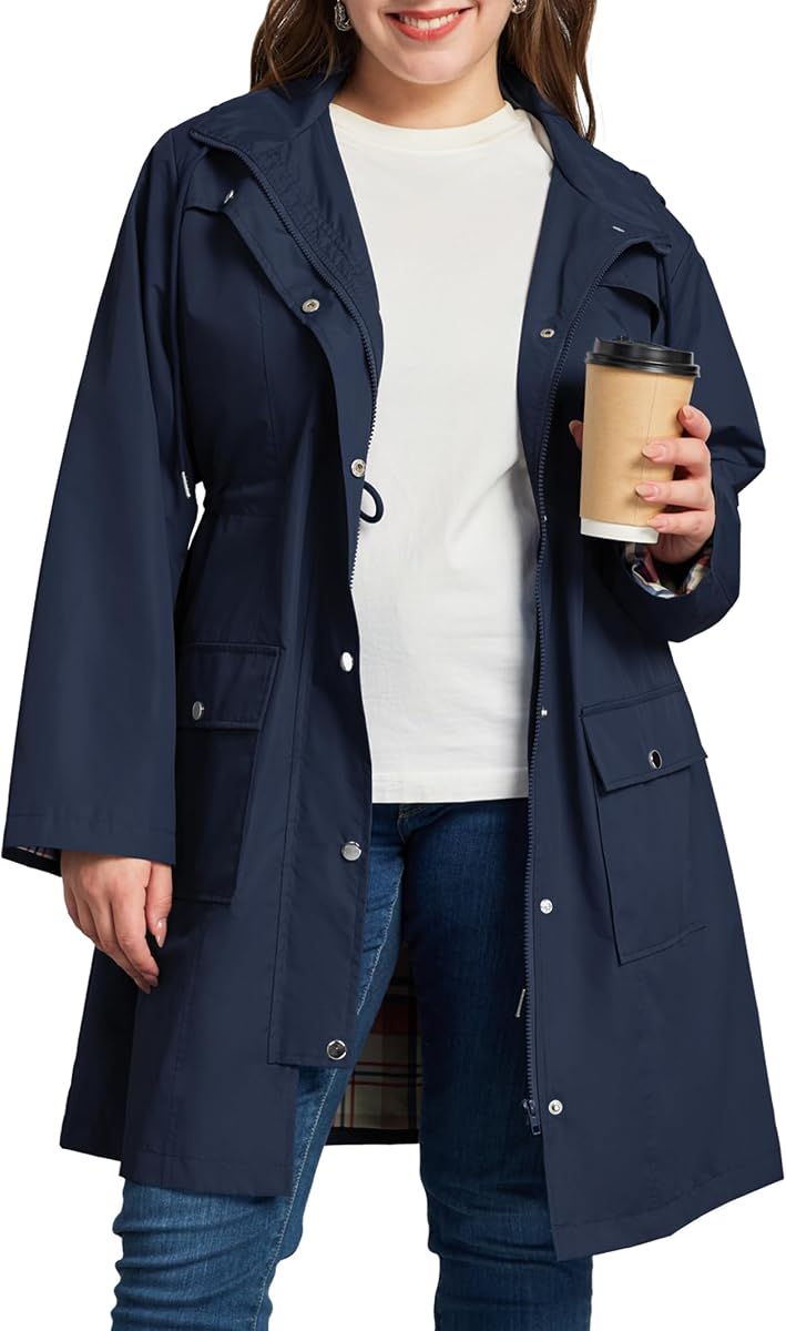 Plus Size Rain Jackets for Women Raincoats Waterproof Windbreaker Jacket Hooded Outdoors Trench Coat with Pockets
