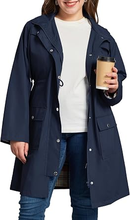 Kikibell Plus Size Rain Jackets for Women Raincoats Waterproof Windbreaker Jacket Hooded Outdoors Trench Coat with Pockets