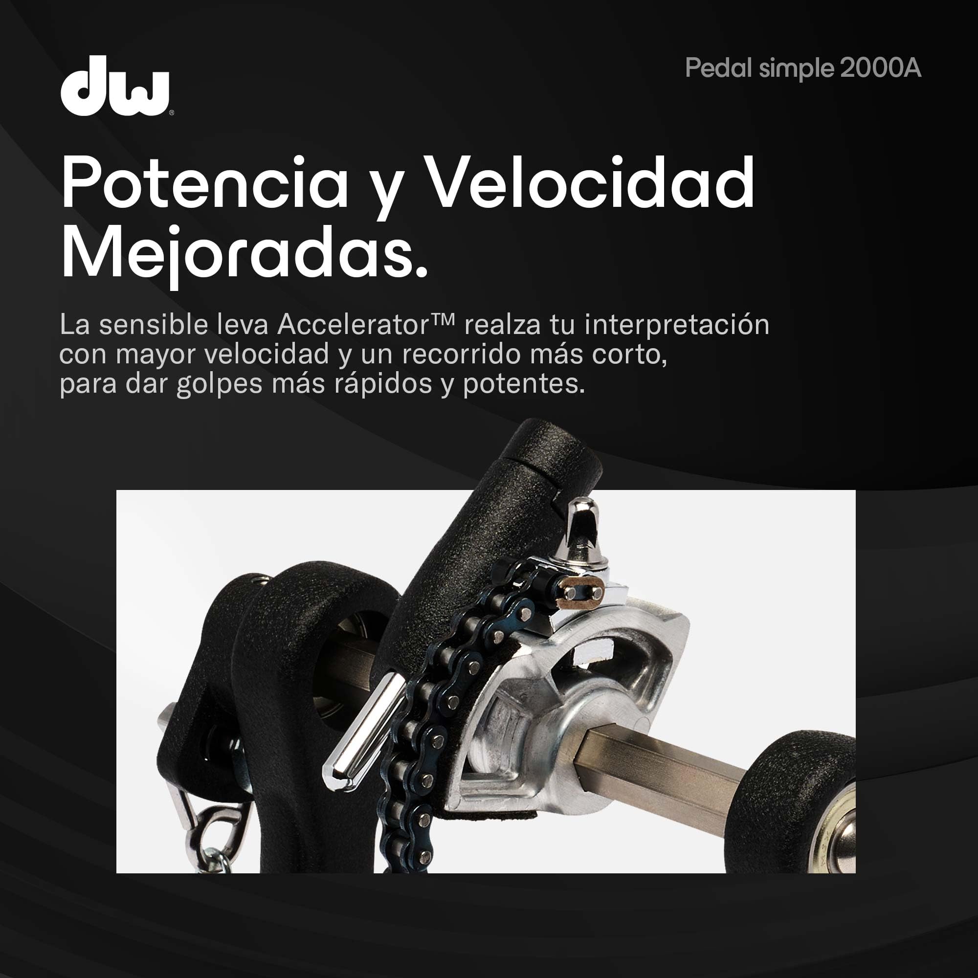 DW 2000A | Pedal de bombo simple serie 2000 | Perfecto para baterías de cualquier nivel | Robusta estructura íntegra de metal con sistema de transmisión Accelerator de cadena simple