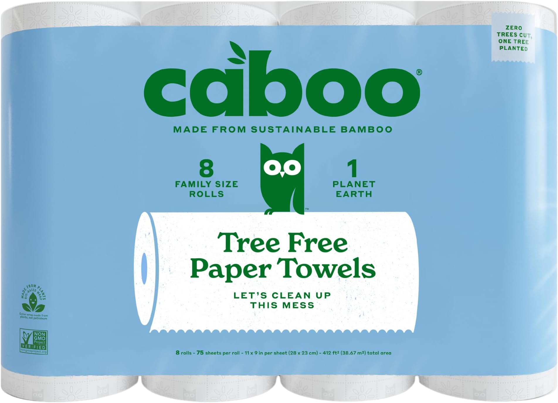 Tree Free Paper Towels, 8 Rolls, Earth Friendly Sustainable Kitchen Paper Towels with Strong 2 Ply