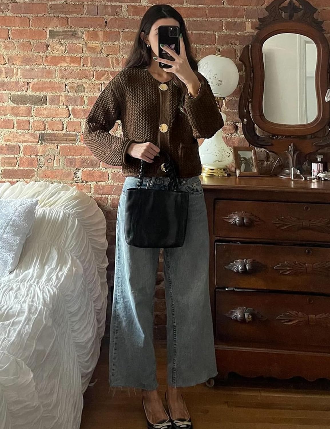 Wyeysyt Womens Cropped Cardigan Sweaters Chunky Knit Gold Button Down Open Front Cardigan Long Sleeve Crop Crochet Sweaters - Image 4