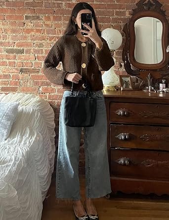 Wyeysyt Womens Cropped Cardigan Sweaters Chunky Knit Gold Button Down Open Front Cardigan Long Sleeve Crop Crochet Sweaters