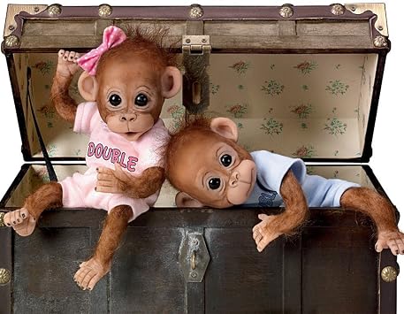 The Ashton-Drake Galleries Double Trouble Baby Orangutan Twin Dolls by Cindy Sales, Poseable Lifelike Monkey Dolls with Hand-Applied Hair and Personalized Outfits