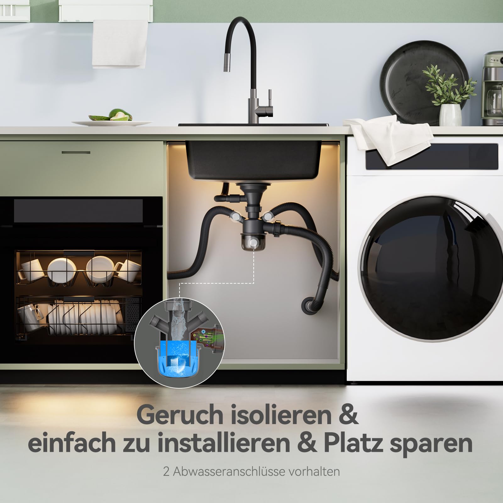 Küchenspüle Schwarz Granit 50x45cm, Spülbecken Küche Eckig, Moderne Einbauspüle Set mit 2 Hahnlöchern, Waschbecken Küche Schwarz, Spüle Küche, Granitspüle für Küchen, Hauswirtschaftsraum