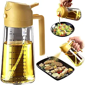 TrendPlain Pulverizador de azeite de oliva de vidro de 470 ml para cozinhar – Frasco dispensador de azeite 2 em 1 para utensílios de cozinha e acessórios de fritadeira a ar, salada, churrasco