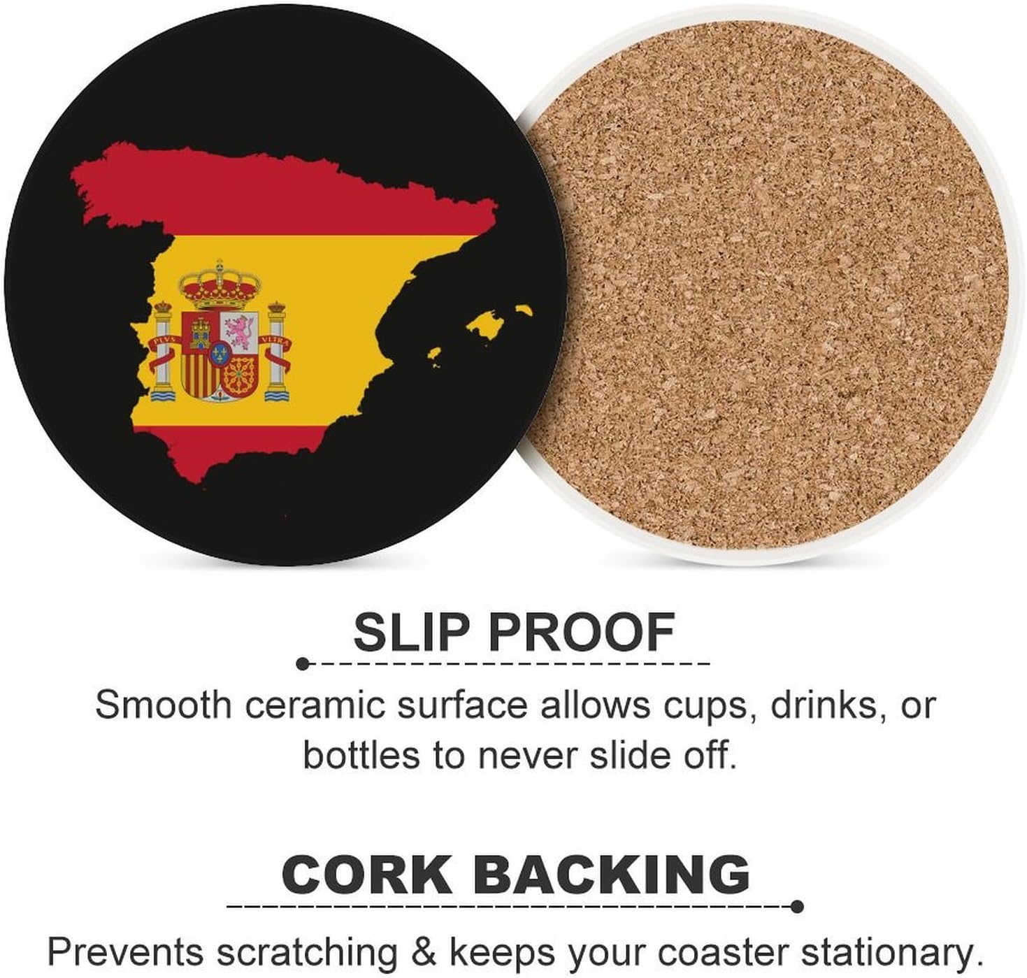 Flag Map of Spain Round Ceramic Coasters for Drinks Absorbent Cup Holder Tabletop Protector with Cork Base