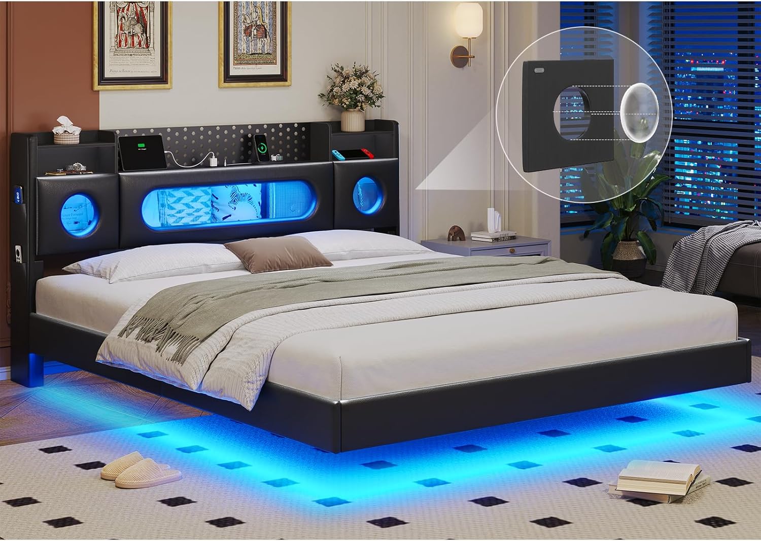 California King Bed Frames,Cal King Bed Frame with Hidden Storage Headboard & LED Light and Charging Station,Floating Bed Frame No Box Spring Needed,Leather Floating Bed Noise-Free,Easy Assembly