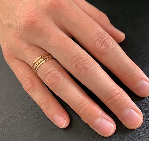 Miniatura 2 de Anillo de dedo o pulgar apilable 3 anillos apilables de oro (2) bandas delgadas y (1) trenza en oro de 14 quilates pila de anillo de dedo