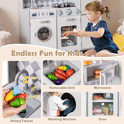 Miniatura 3 de HONEY JOY Juego de cocina para niños, juego de cocina de madera con máquina de hielo, estufa iluminada, armario de almacenamiento, lavadora