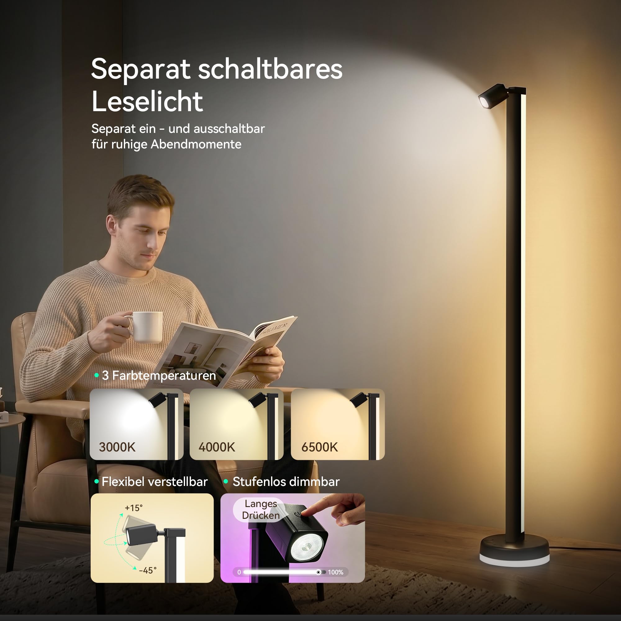 RGBICWW LED Stehlampe Wohnzimmer Dimmbar mit Leselampe 149,7cm | 16 Mio. Farben, 270° Licht, App & Fernbedienung, Musik-Sync, Timer für Schlafzimmer & Gaming, Lineora-02