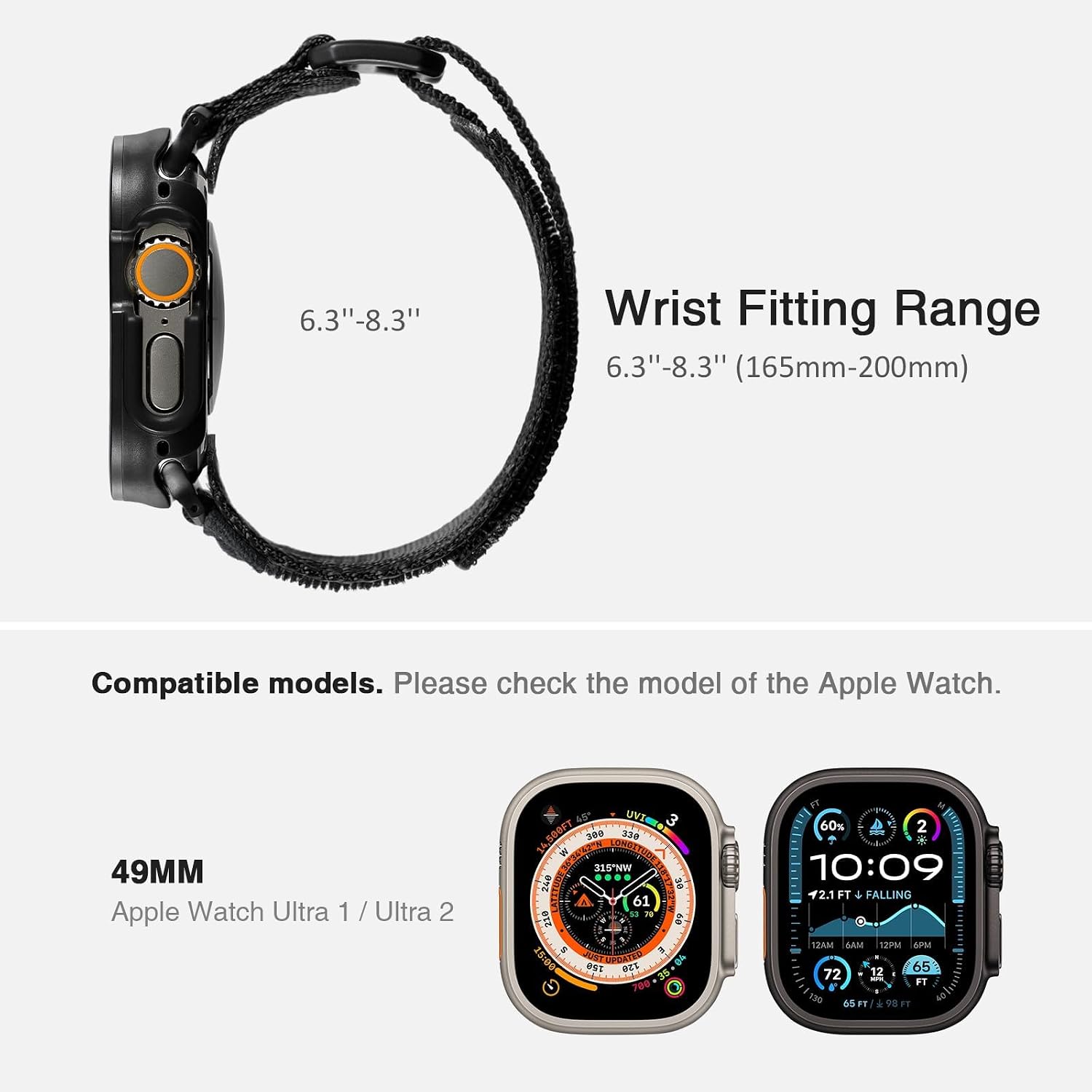 Rugged Case with Band for Apple Watch Ultra 1/2 Band 49mm, Hook and Loop Nylon Sport Strap with Case for Iwatch Men(Black)