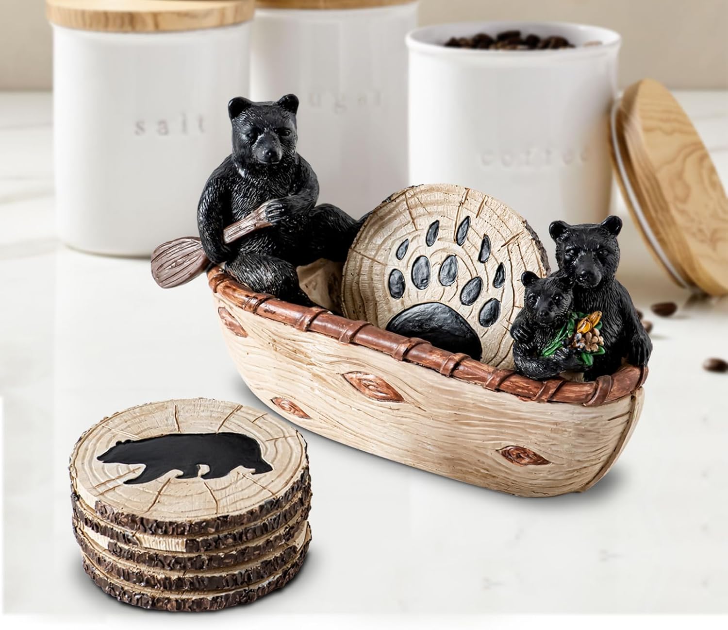 Bear Coasters Set of 6 Cute Table Coasters Resin Drink Coasters Black Cup Coasters for Coffee Table with Bear Family Boating Log Cabin Decorations Rustic Lodge Decor for The Home - Image 2
