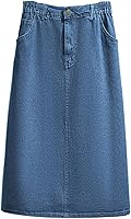 CHARTOU Women's Stretchy Midi Denim A-Line Skirt with Elastic Waist & Pockets - Casual Work Summer Essential