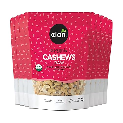 Elan Anacardos crudos orgánicos, sin OMG, veganos, sin gluten, 8 paquetes de 6.5 onzas