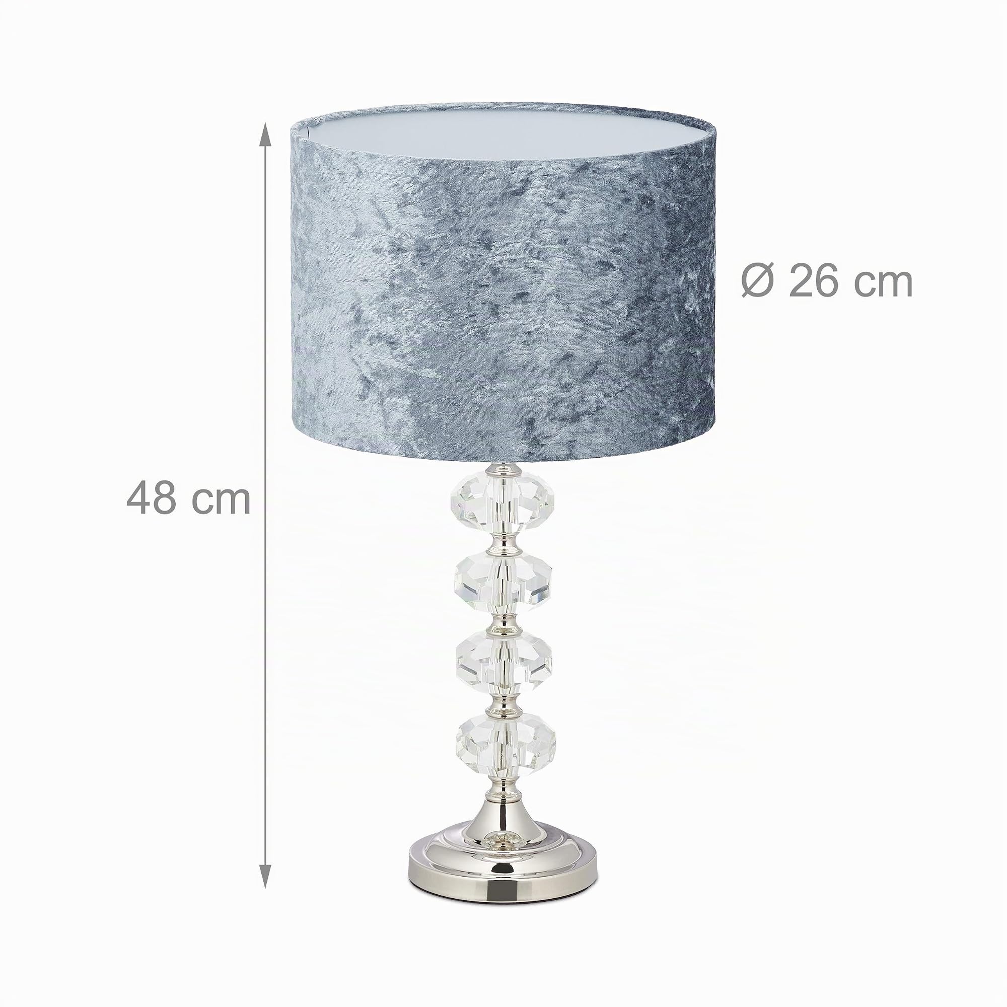 Relaxdays Lámpara Mesa Decorativa, Pantalla Terciopelo, Base con Cristales, Rosca E14, Salón y Dormitorio, 48x26cm, Gris
