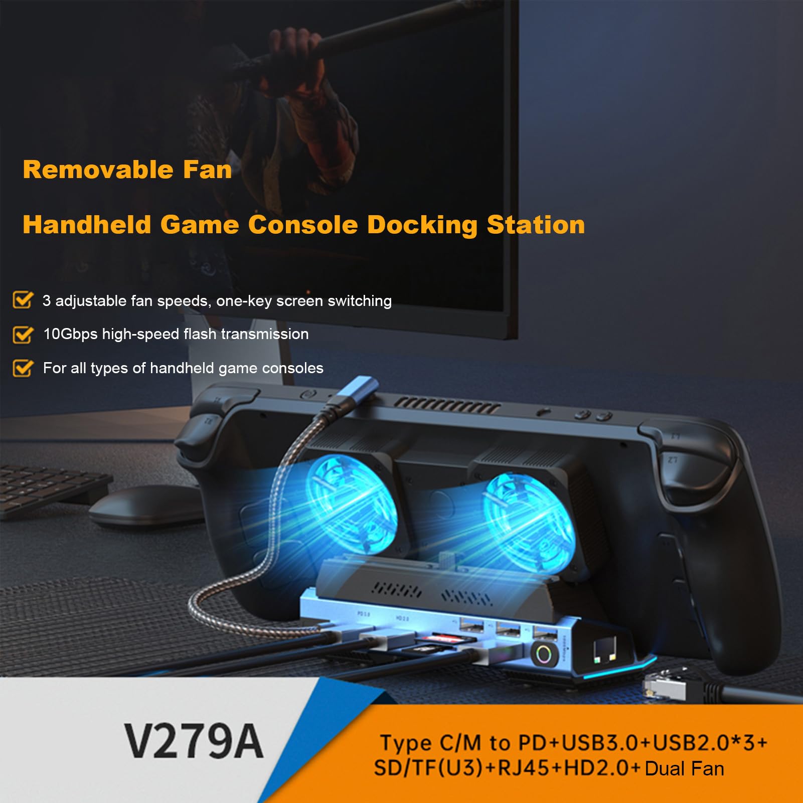 Lazmin112 9-in-1 Tragbares Spielekonsolen-Dock, Typ C PD 100 W Aufladung mit Zwei Lüftern und HD2.0, für Gaming-Zubehör