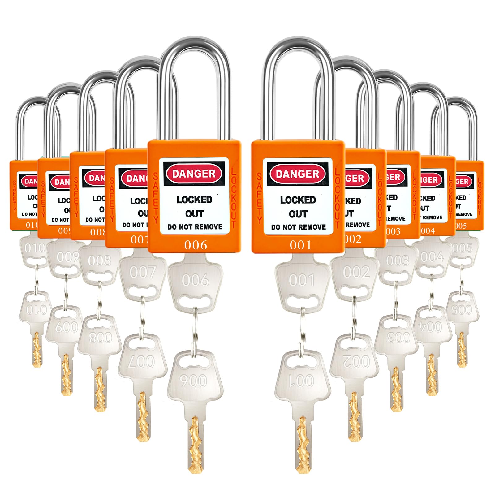 Juego de 10 cerraduras de bloqueo de loto naranja, 2 llaves por cerradura, candados de bloqueo compatibles con OSHA, candados de seguridad para kits de etiquetado de bloqueo eléctrico,