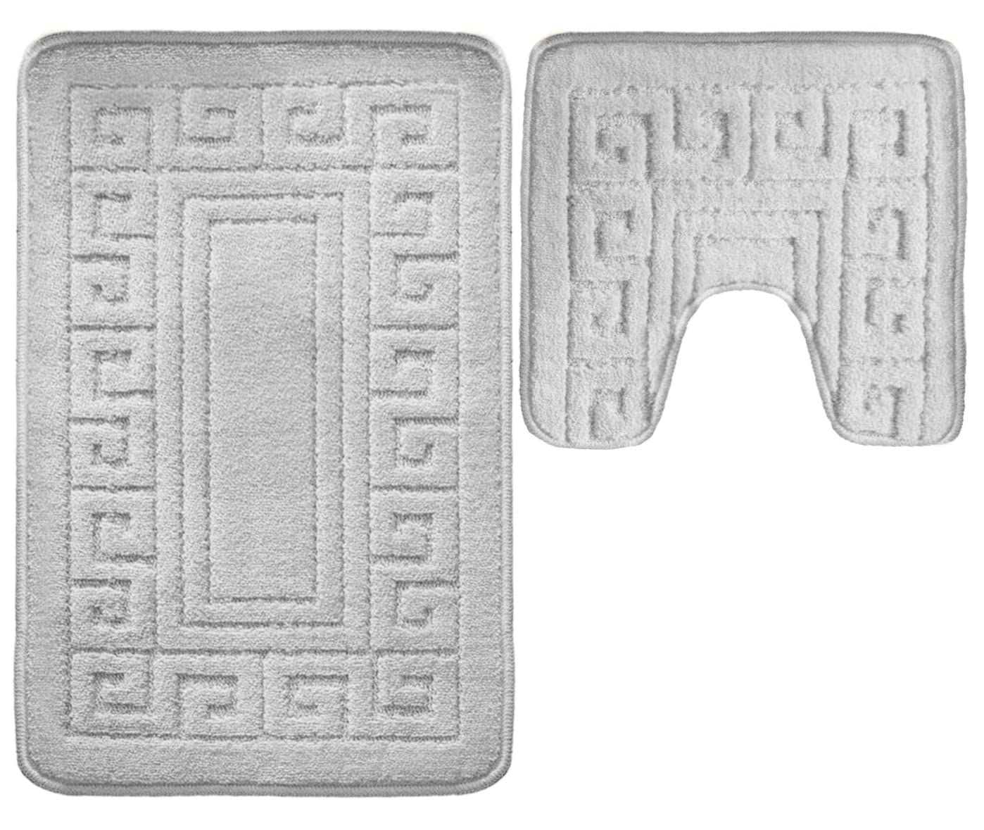 VL 2 Piece Greek Bath Mat Non Slip and Highly Absorbent Bath Mat 100% Polypropylene Washable Pedestal Bathroom Mat Rug (GREY)