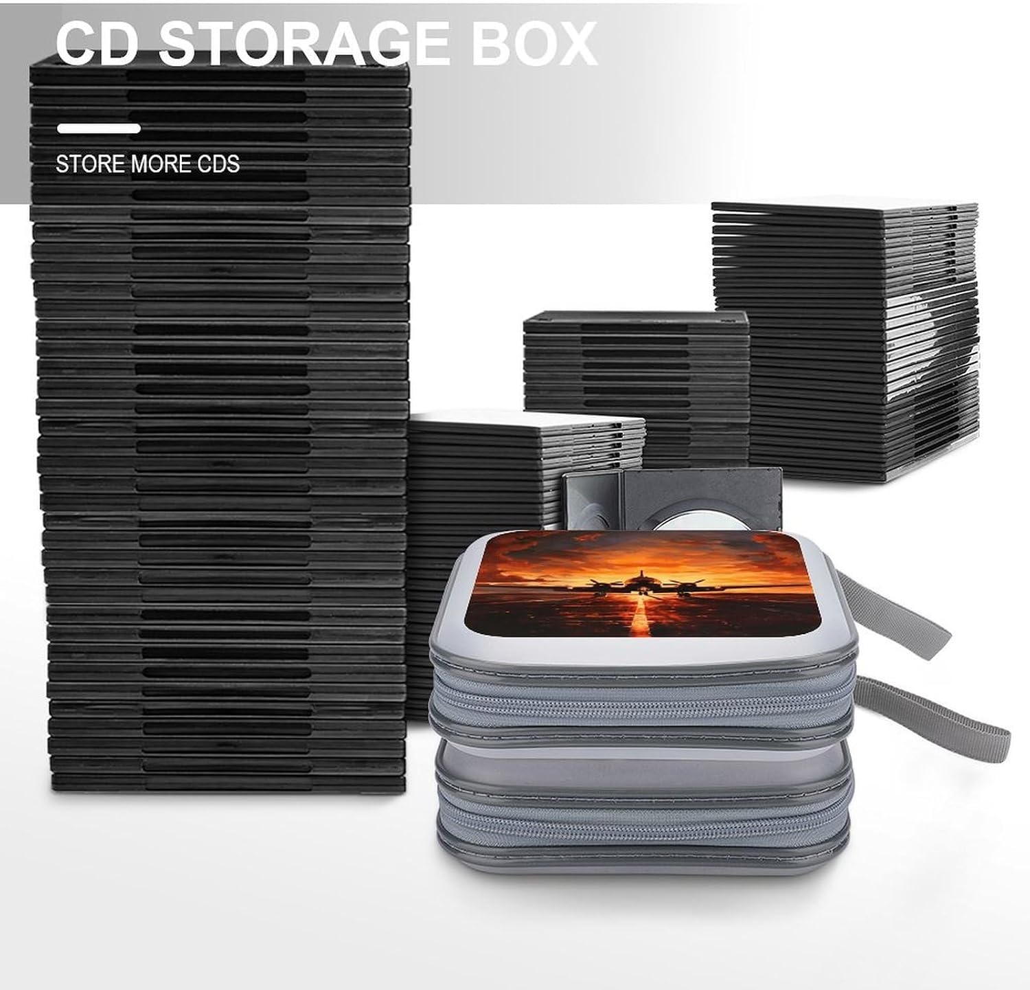 Aircraft Plane at Sunset CD Case Holder 40 Capacity DVD Case Wallet Portable Hard Plastic Disc Cases Storage Binder Large Storage Disc Wallet Bag with Zippers for Car Home Office Travel