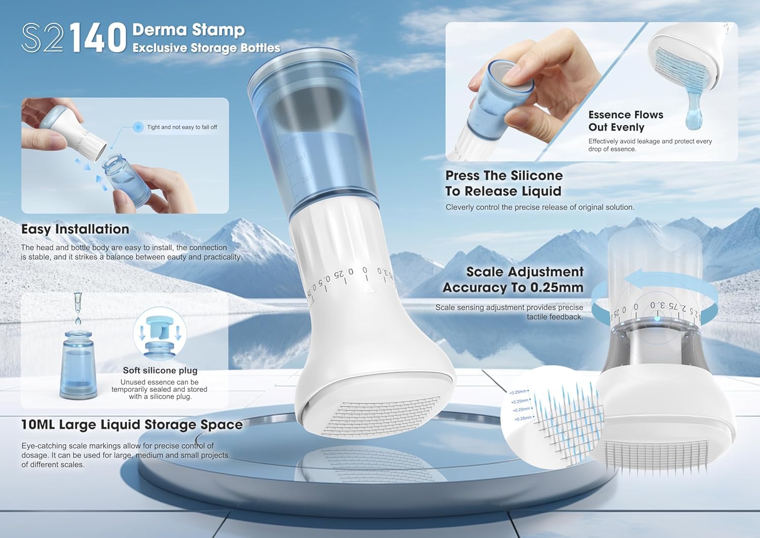 S2 Upgraded Derma Stamp 140 | Adjustable Microneedle Serum Applicator with 10ml Refillable Bottle | Hydra Derma System for Enhanced Absorption & Skin Refresh | Face & Scalp Use S2 Upgraded Derma Stamp 140 | Adjustable Microneedle Serum Applicator with 10ml Refillable Bottle | Hydra Derma System for Enhanced Absorption & Skin Refresh | Face & Scalp Use