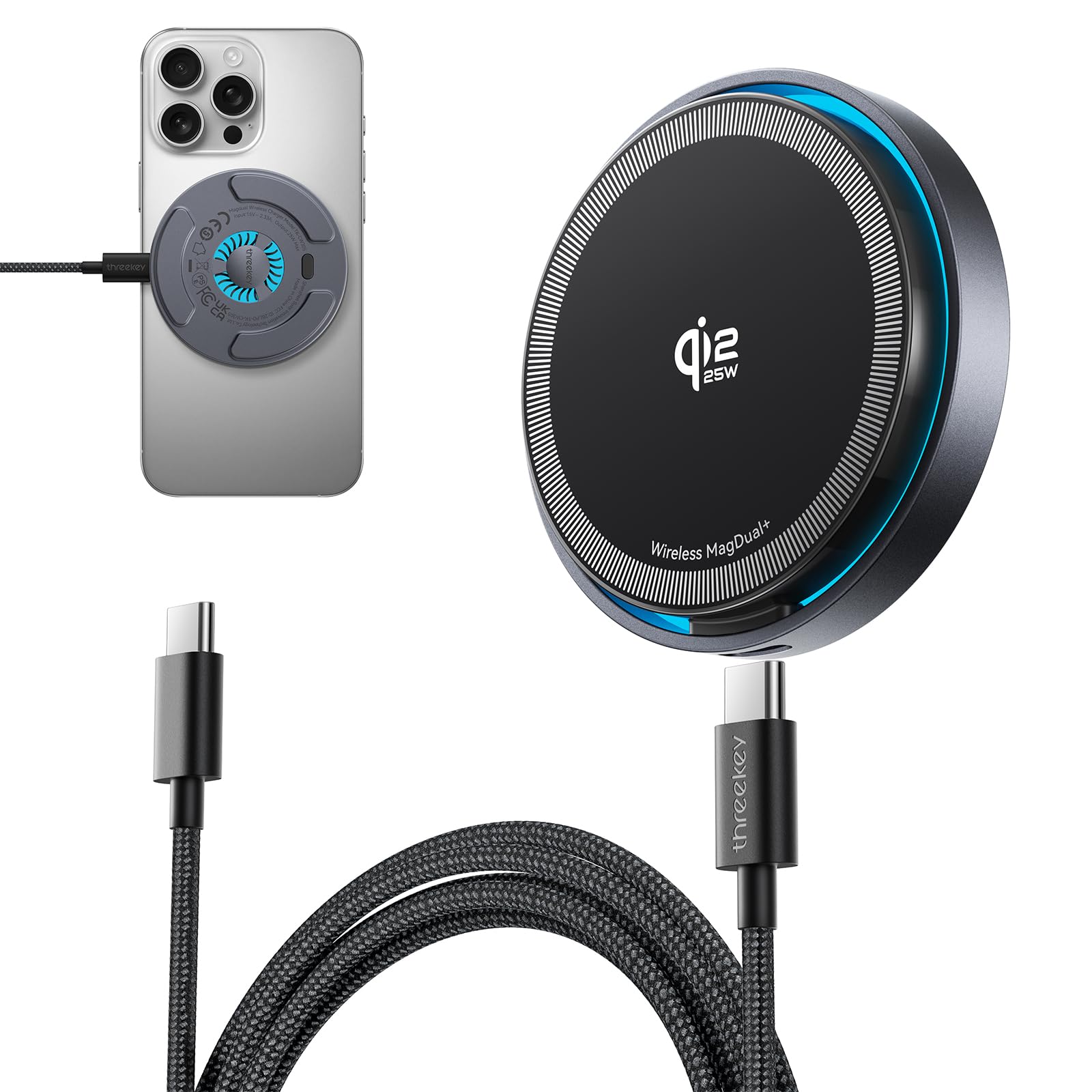 THREEKEY Chargeur sans fil magnétique 25 W, station de charge inductive compatible Qi2 avec ventilateur de refroidissement et lumière LED, pavé de charge rapide magnétique avec câble de 2 m pour