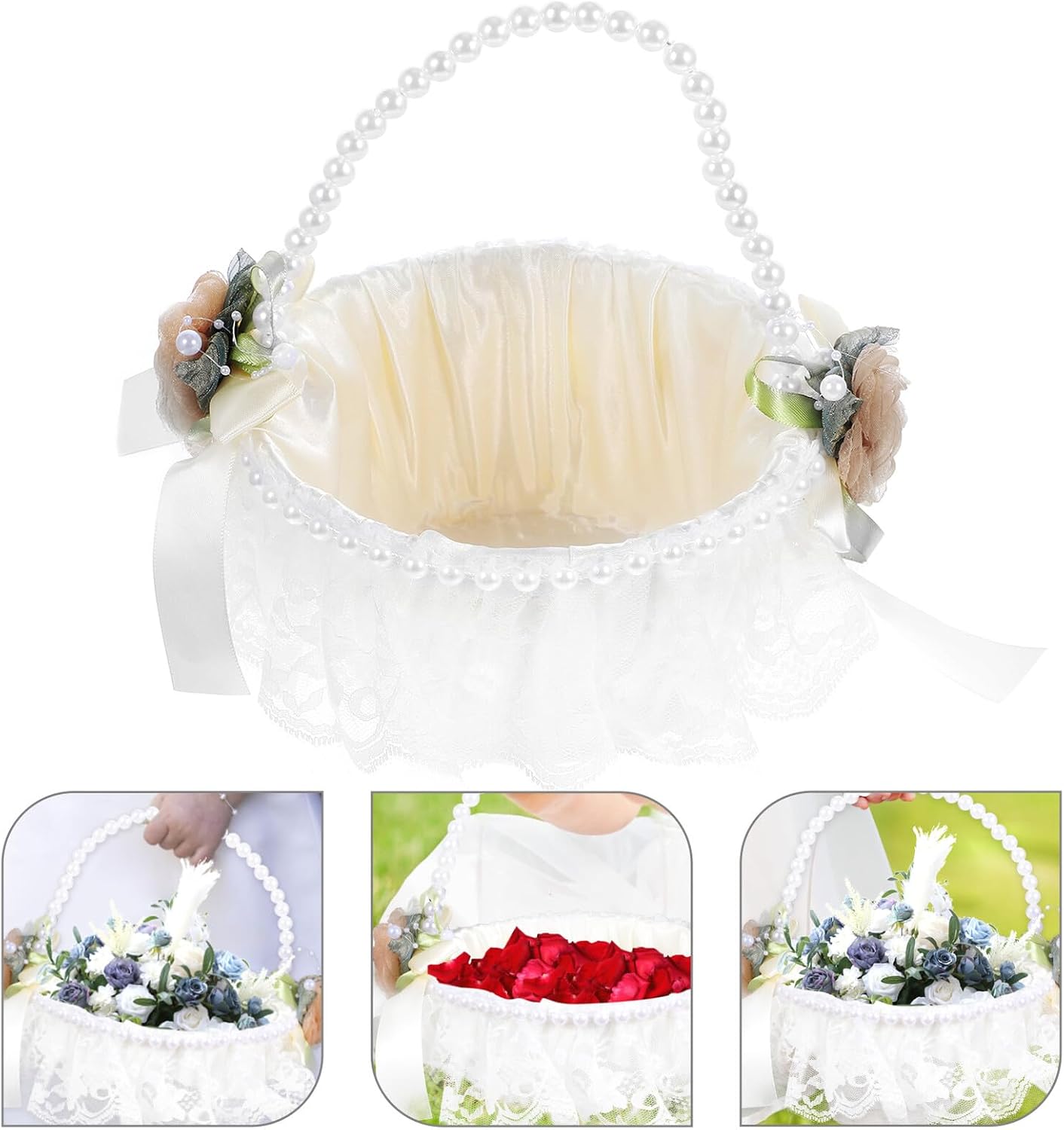 PRETYZOOM Wedding Flower Basket for Flower with Lace Satin Bowknot, Artificial Pearl Decoration, Elegant Petal Basket for Garden Wedding Ceremony and Party Supplies