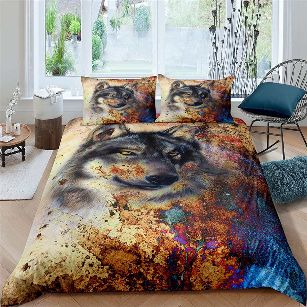 Fansu Boys Totem 3D Wild Wolf Duvet Cover With Pillow Case, Easy Care Duvet Cover Set For Double Single Super King Size, Polyester Bedding Set With Duvet Cover For Kids Girls (,135X200cm)