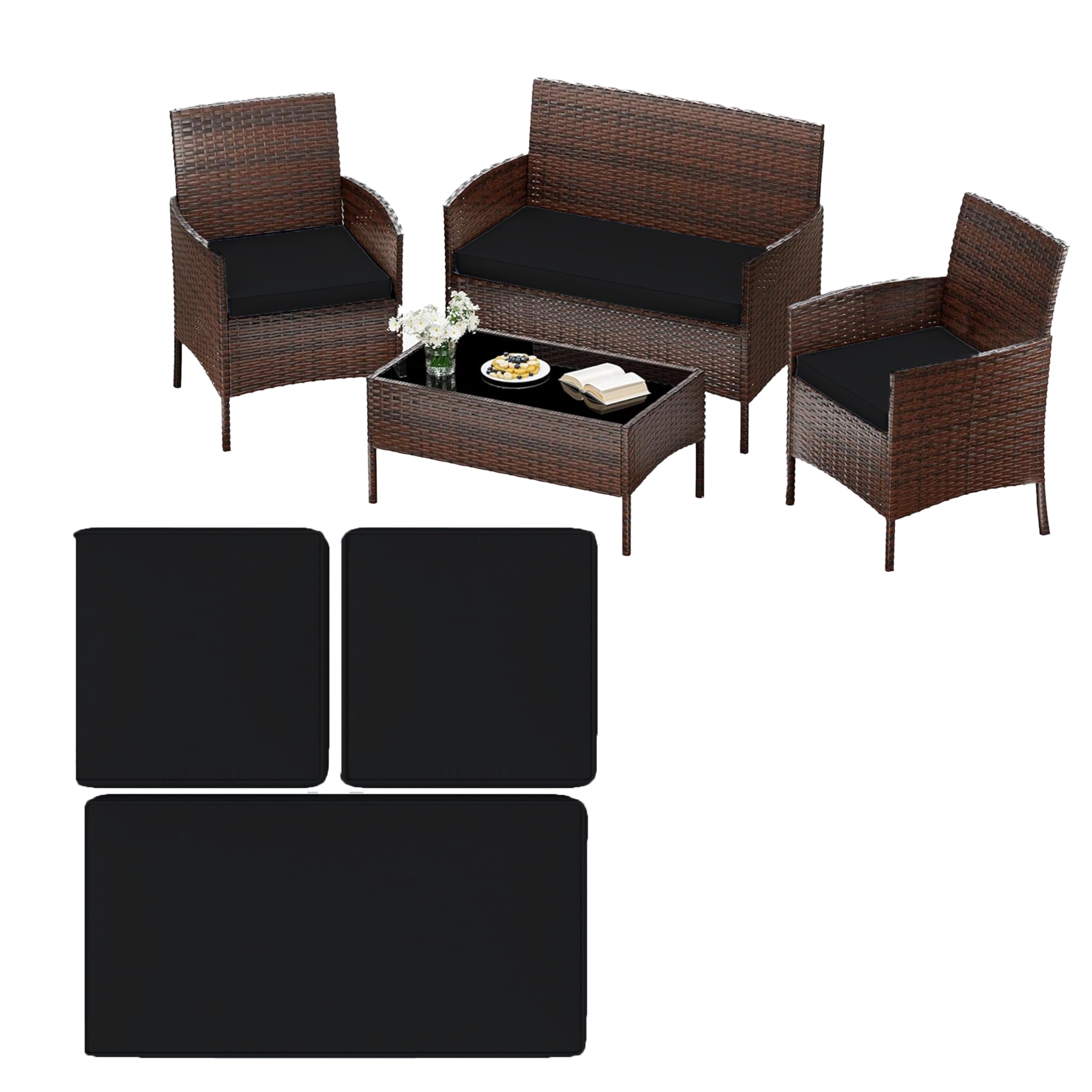 Northern Luxe 3-Piece Water-Resistant Replacement Cushion Set for Rattan Patio Furniture – High-Density, Comfortable, Lightweight Chair Pads (Black)