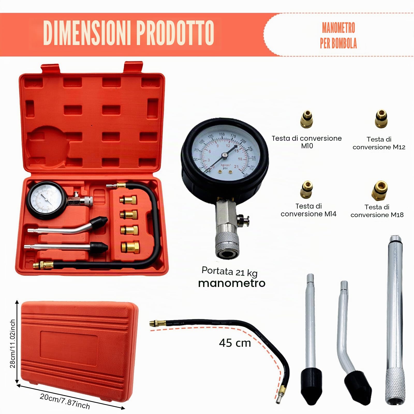 Tester di compressione: kit tester di compressione, misuratore di compressione benzina, manometro strumento per test moto, motore fuoribordo auto, motoslitta auto benzina motore a gas