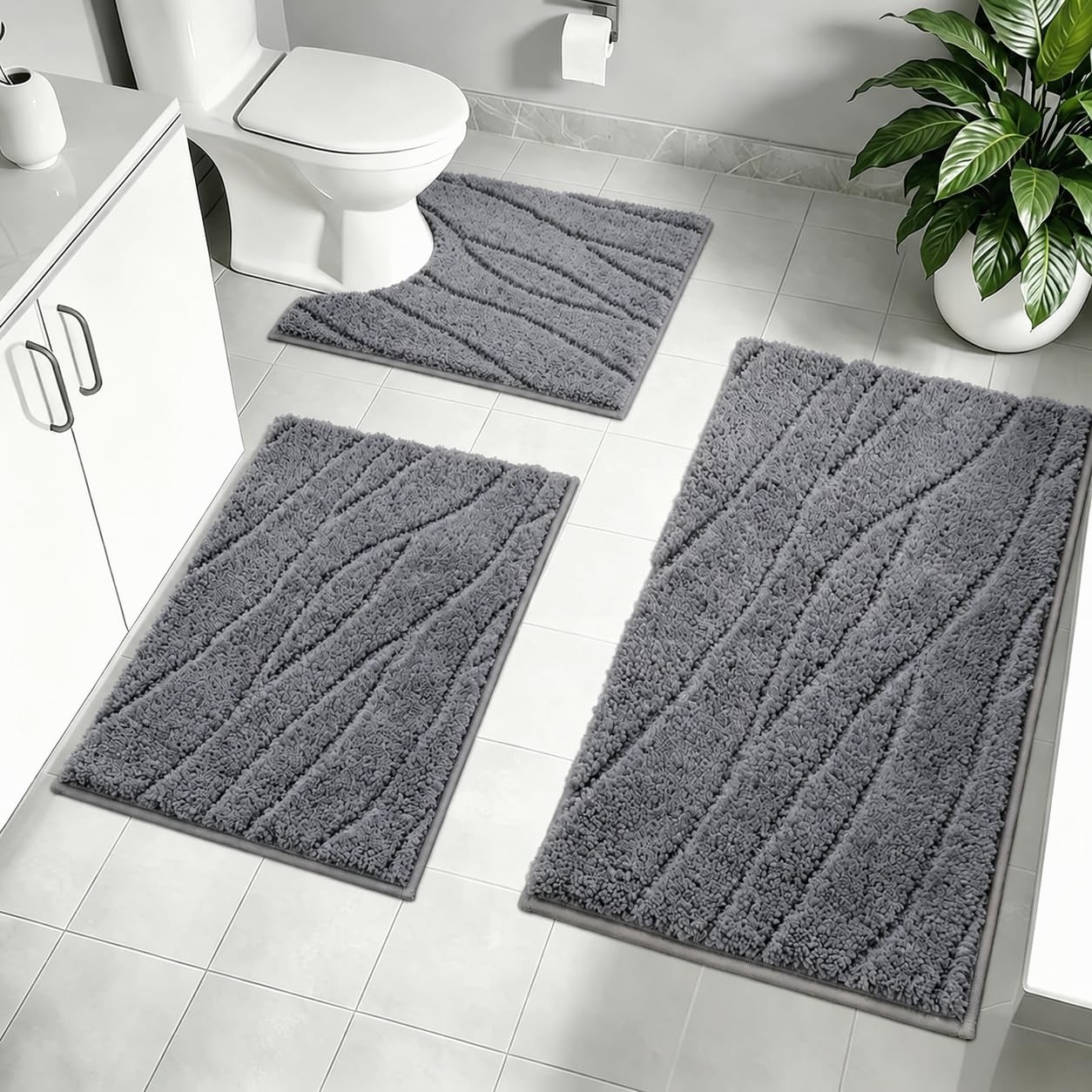Homcomodar Bath Mat Set 3 Piece Soft Microfiber Absorbent Bathroom Mat Set Non Slip Anti Mould Bath Mats for Bathroom Machine Washable Bathmat and Toilet Mat Set for Bathrooms Floor,Shower（Dark Gray）