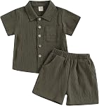Toddler Kid Boy Summer Outfit Cotton Linen Short Sleeve Button Down Shirt Elastic Waist Shorts Casual Clothes