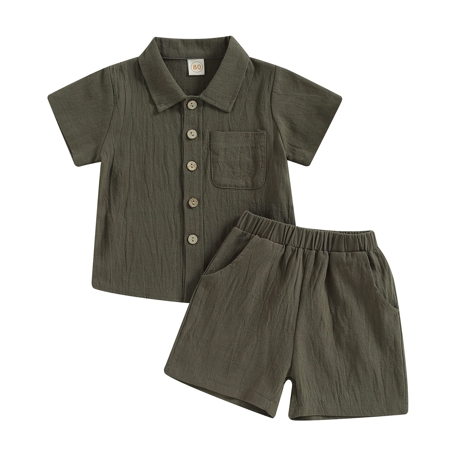 Toddler Boy Linen Shorts Outfit Button Up Short Sleeve Shirts with Pocket Solid Color Baby Boy Summer Clothes Set (Army Green,2-3T)
