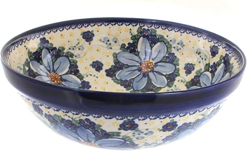 Blue Rose Polish Pottery - Blue Daisy Surprise Medium Serving Bowl - 11" Diameter - Beautiful Serving Bowl for Special Occasions, Dinner Parties, Or Everyday Dining
